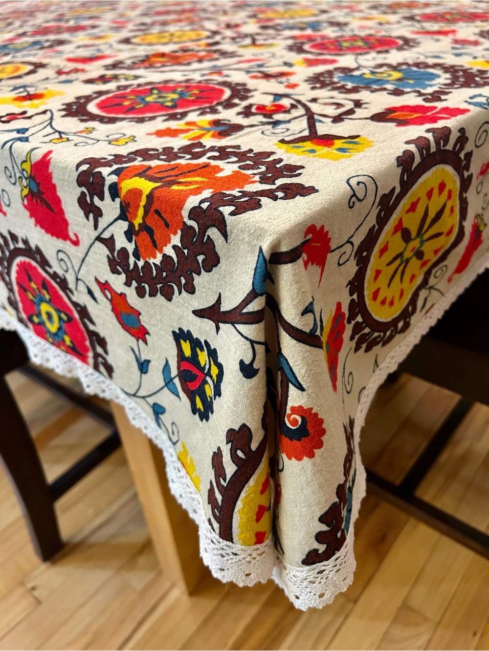 Boho Suzani Floral Lace Trim Tablecloth 89x56 Multi-Use Tapestry
